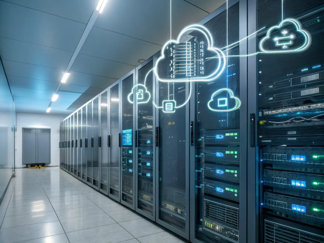 An image of a data center with rows of servers and cloud icons overlayed, representing G-Cloud's Cloud Infrastructure Solutions.
