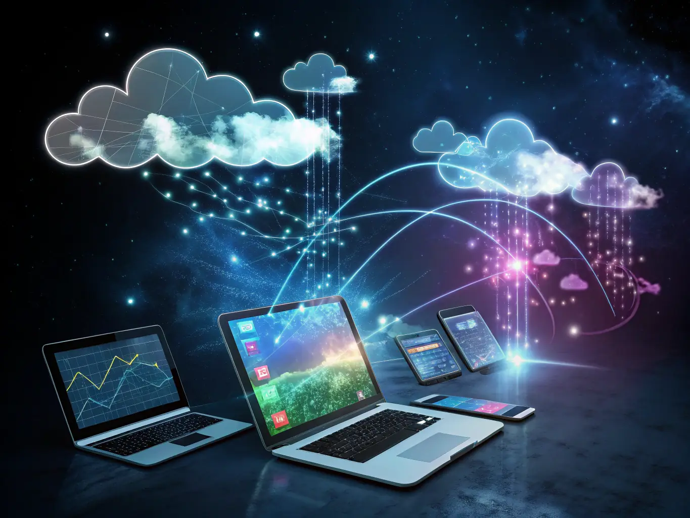 A digital illustration of interconnected devices and cloud icons, symbolizing G-Cloud's comprehensive cloud service ecosystem.
