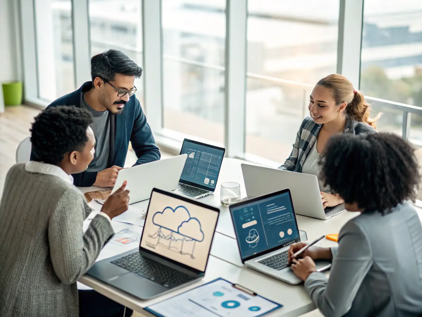 A professional photograph of a team collaborating on a cloud migration project, showcasing expertise and teamwork.